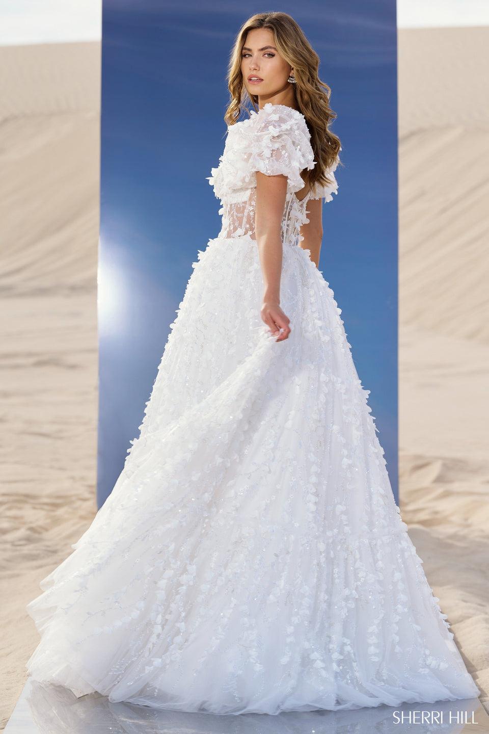 Sherri Hill 3D Floral Ball Gown With Balloon Sleeves Sweetheart Neckline And Sheer Bodice