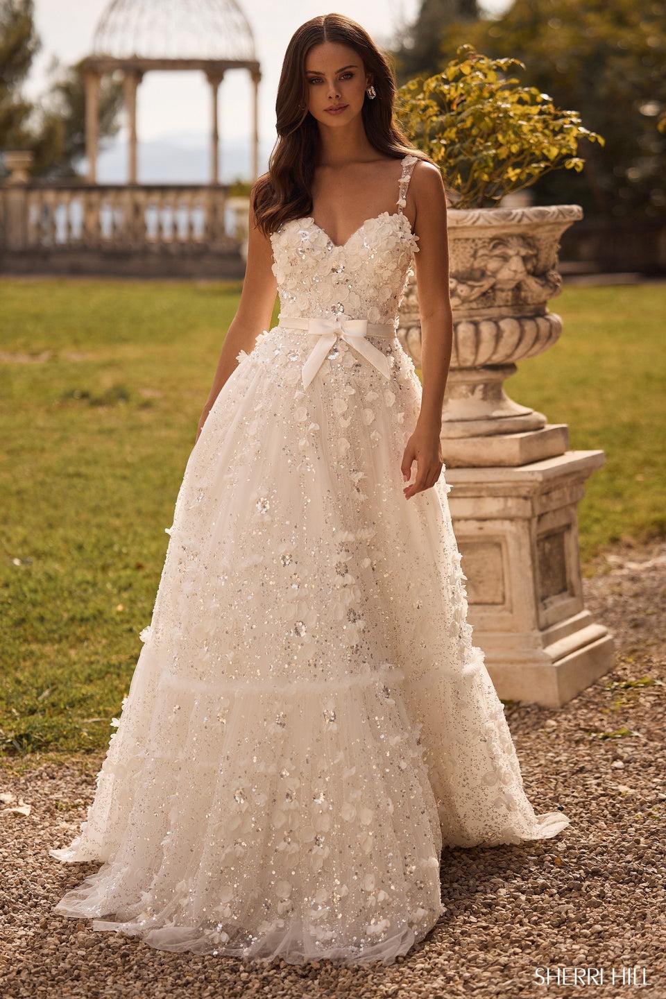 Sherri Hill 3D Flower Ball Gown With Sweetheart Neckline And Ribbon Bow Waistband