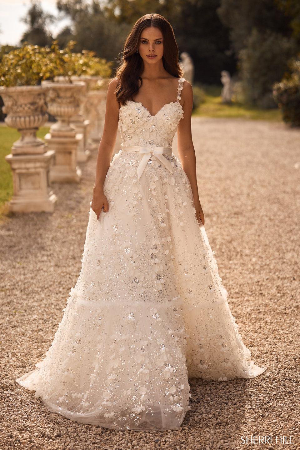 Sherri Hill 3D Flower Ball Gown With Sweetheart Neckline And Ribbon Bow Waistband