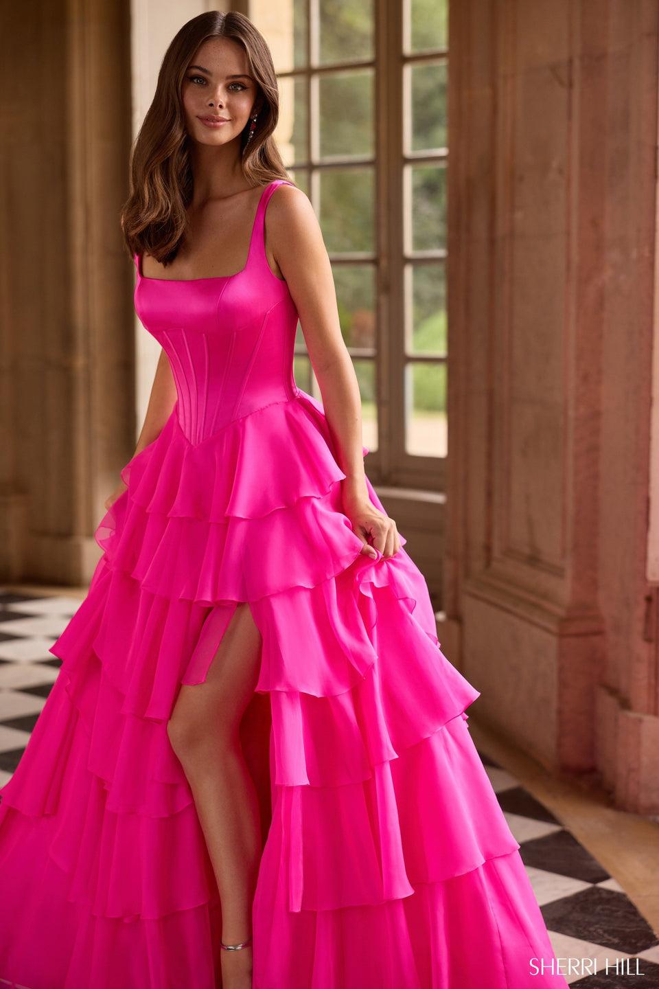 sherri hill A ballgown chiffon ruffle skirt with slit sherri hill A ballgown chiffon ruffle skirt with slit