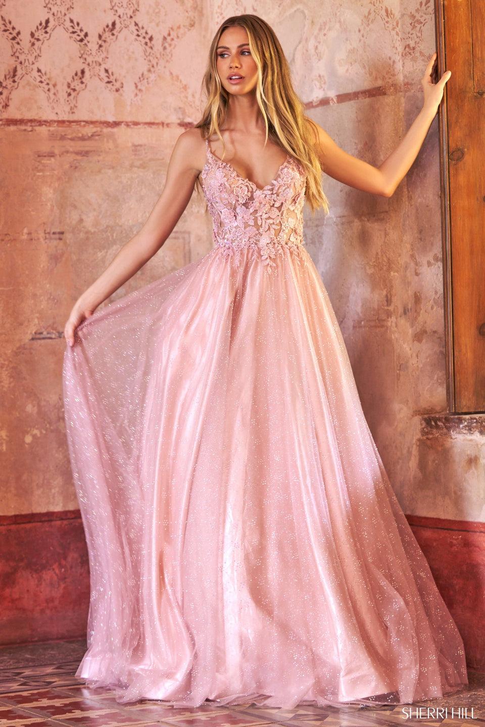 sherri hill A-line ballgown with glitter tulle skirt lace embroidered top with sweetheart neckline and open back