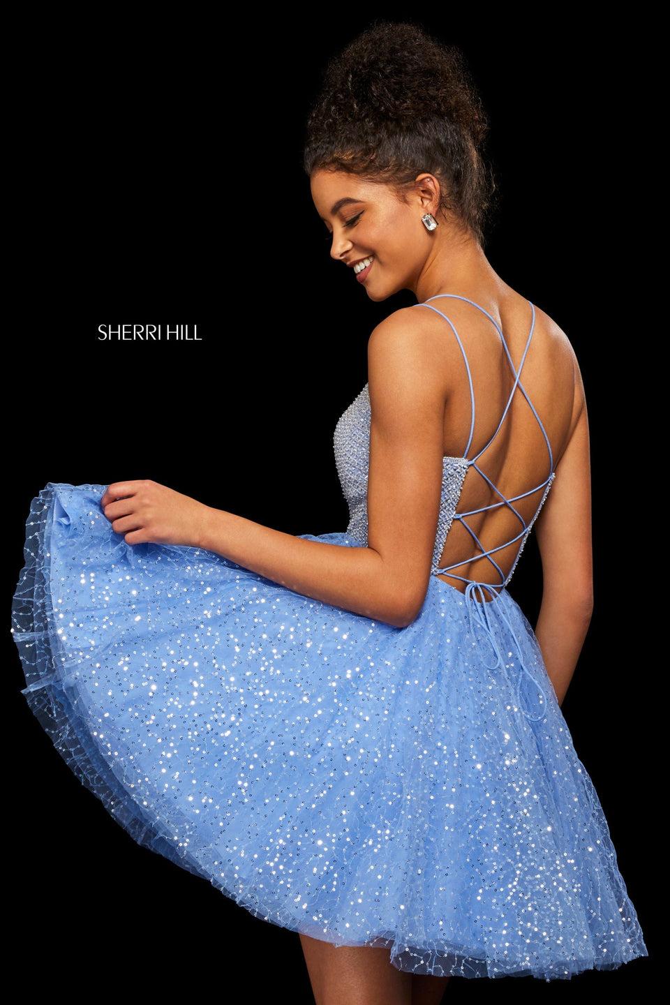 sherri hill A-line cocktail dress with beaded bodice with lace up back and sequin tulle skirt