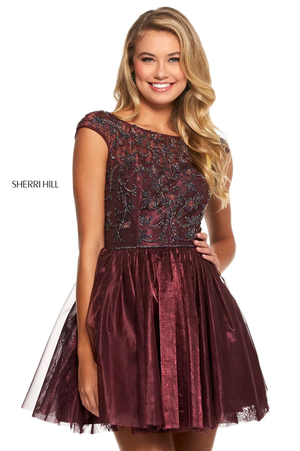 sherri hill A-line cocktail dress with beaded cap sleeve bodice and shimmer tulle skirt