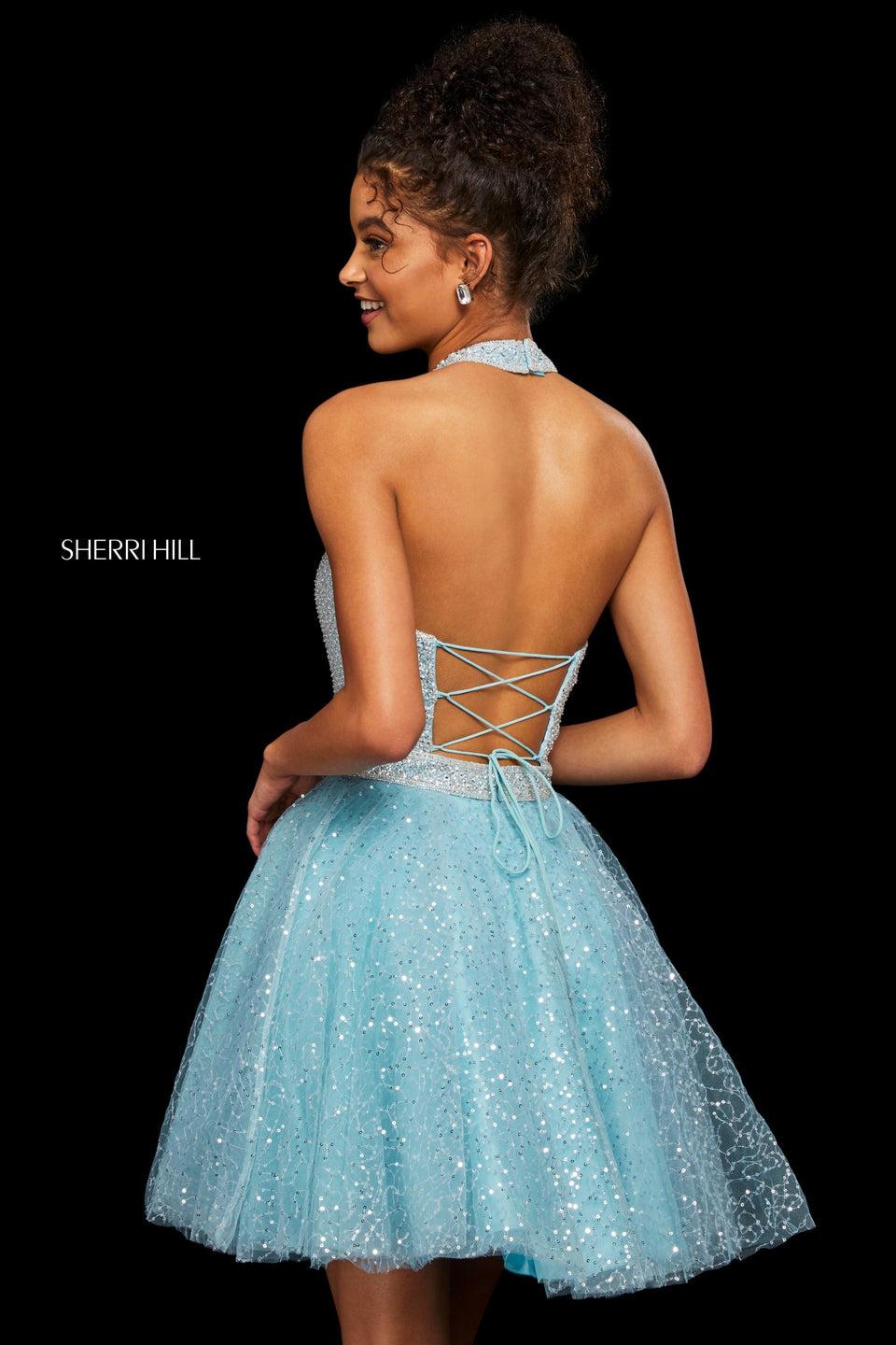 Sherri Hill A-line Cocktail Dress With Beaded Halter Neck Bodice With Corset Style Lace Up Back And Sequin Tulle Skirt