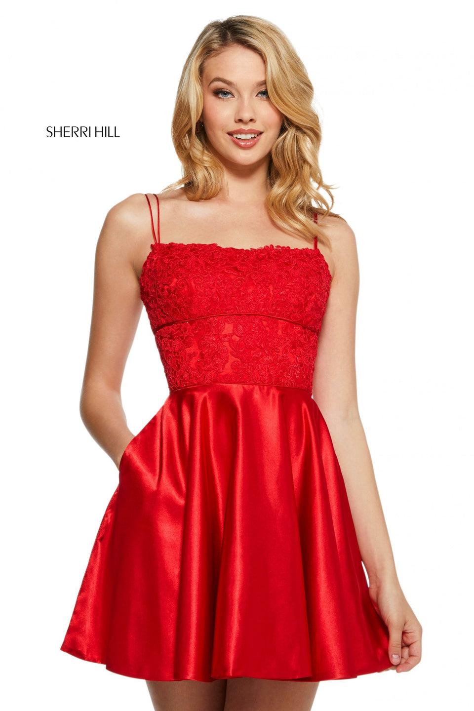 sherri hill A-line cocktail dress with lace bodice with corset style back and satin skirt