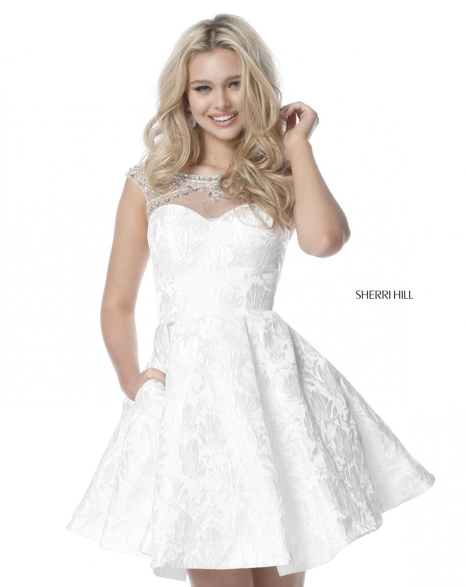 sherri hill A-line cocktail with scoop back and beaded shoulders