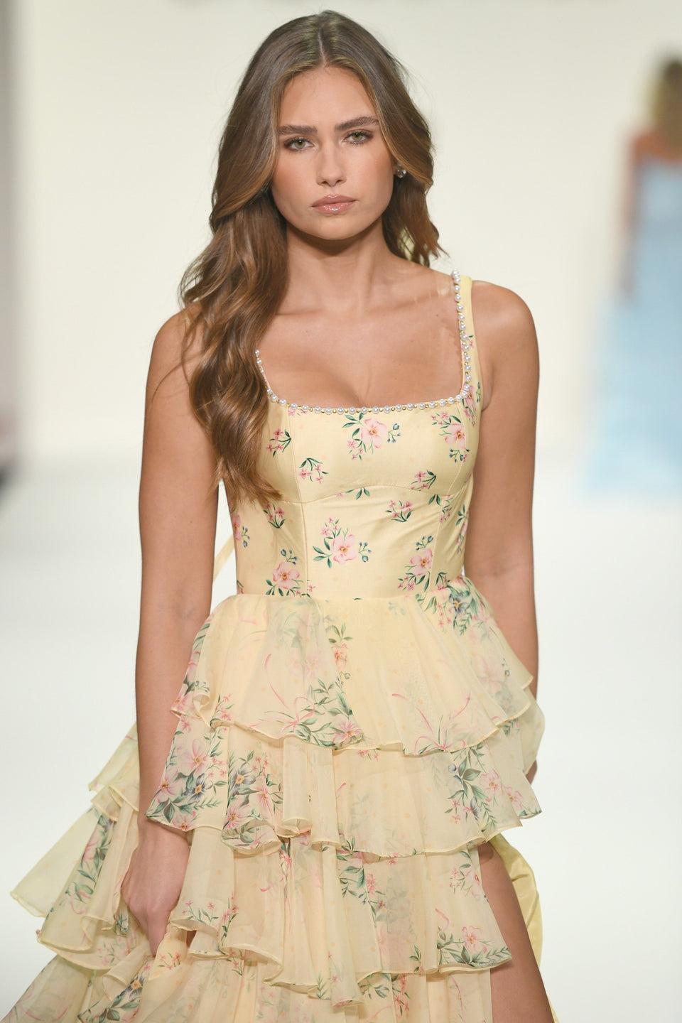 sherri hill A-line floral gown with chiffon ruffle skirt