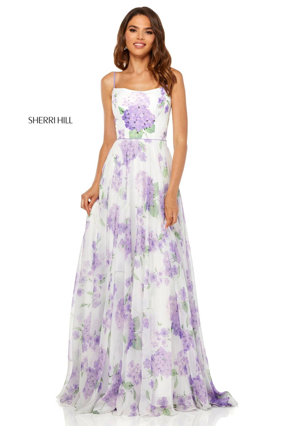 sherri hill A-line floral print gown with chiffon skirt and taffeta bodice with lace up back