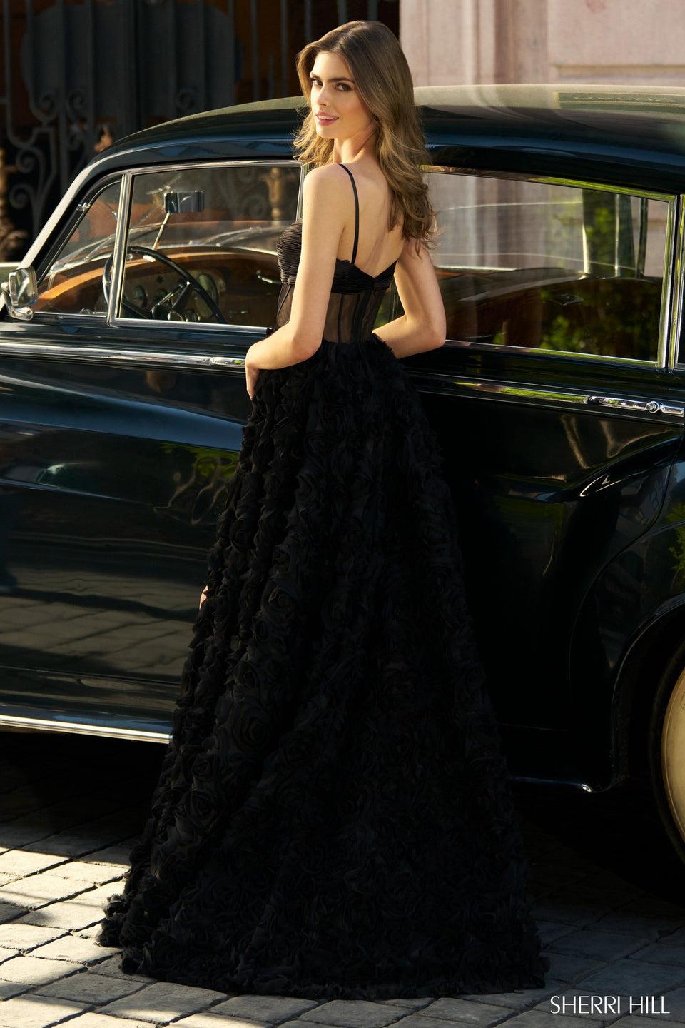 Sherri Hill A-line Gown With A Corset Bodice Cut Out Rosette Embellishment And A Rosette Embellished Skirt With Slit
