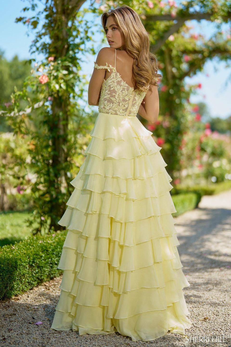 Sherri Hill A Line Gown With Chiffon Ruffle Skirt Corset Leaf Lace Top Off The Shoulder Straps And A Skirt Slit