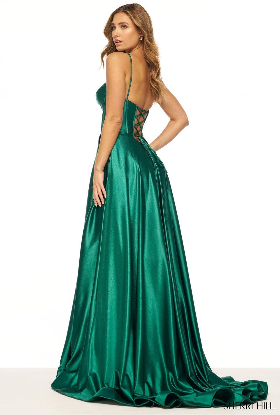Sherri Hill A-Line Gown With Corset Bodice Skirt Slit And Lace Up Back