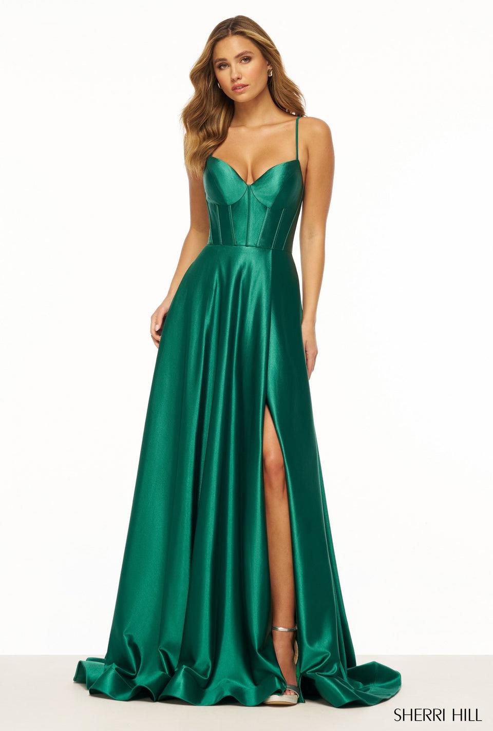sherri hill A-Line gown with corset bodice skirt slit and lace up back