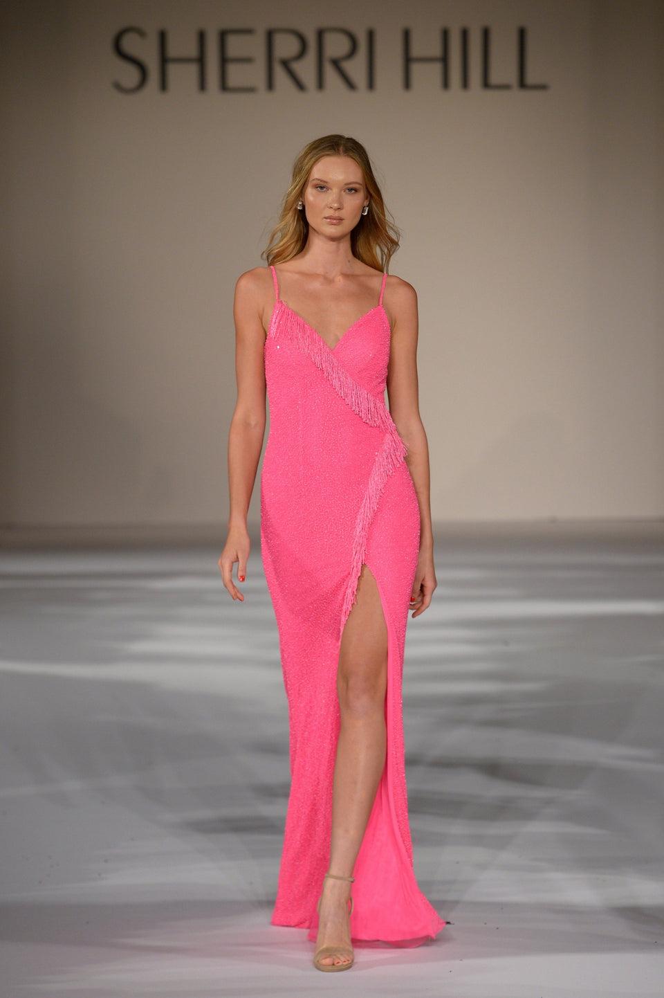 Sherri Hill A-line Gown With Sweatheart Neckline Bugle Beaded With Sequin Embellishments And A Fringe High Slit Skirt