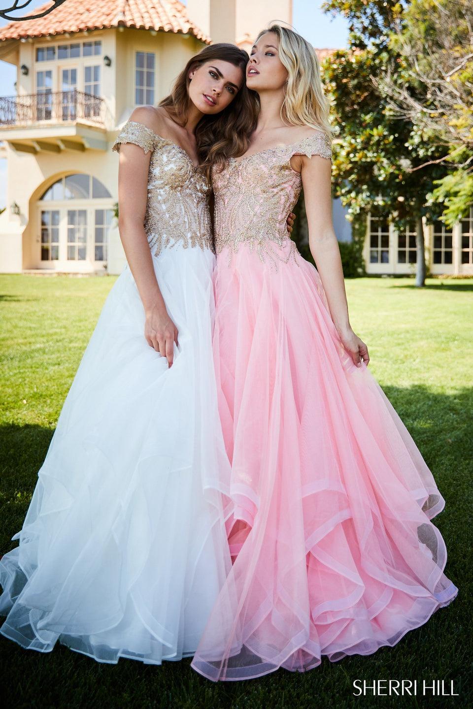 sherri hill A-line gown with sweetheart lace appliqued bodice and tulle skirt