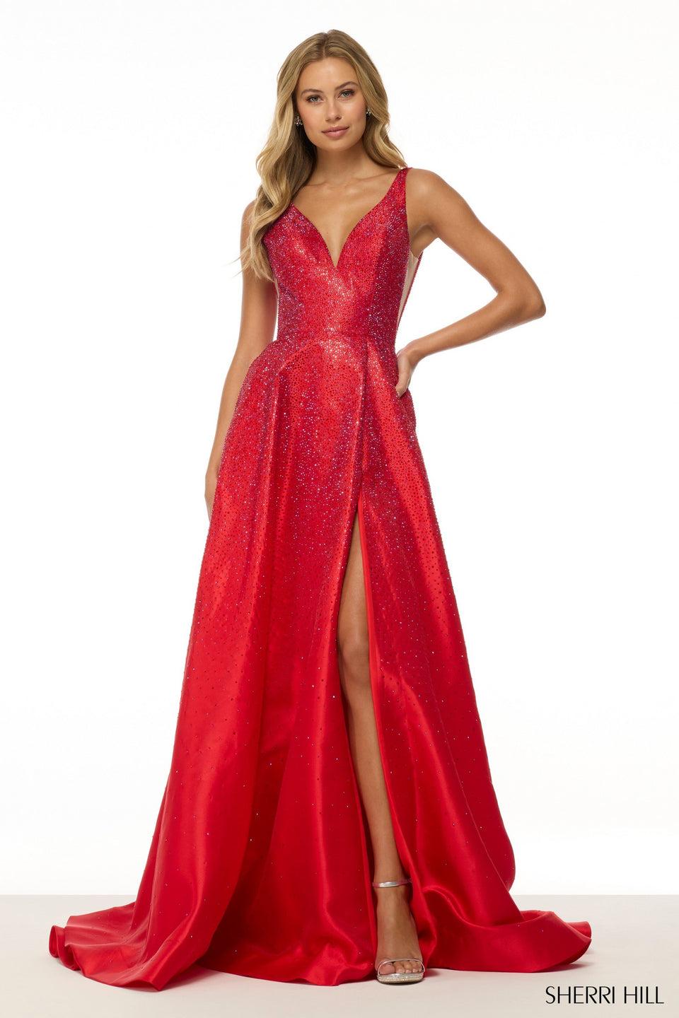 Sherri Hill A-line Hot Fix Gown With Sheer Sides And A Skirt Slit