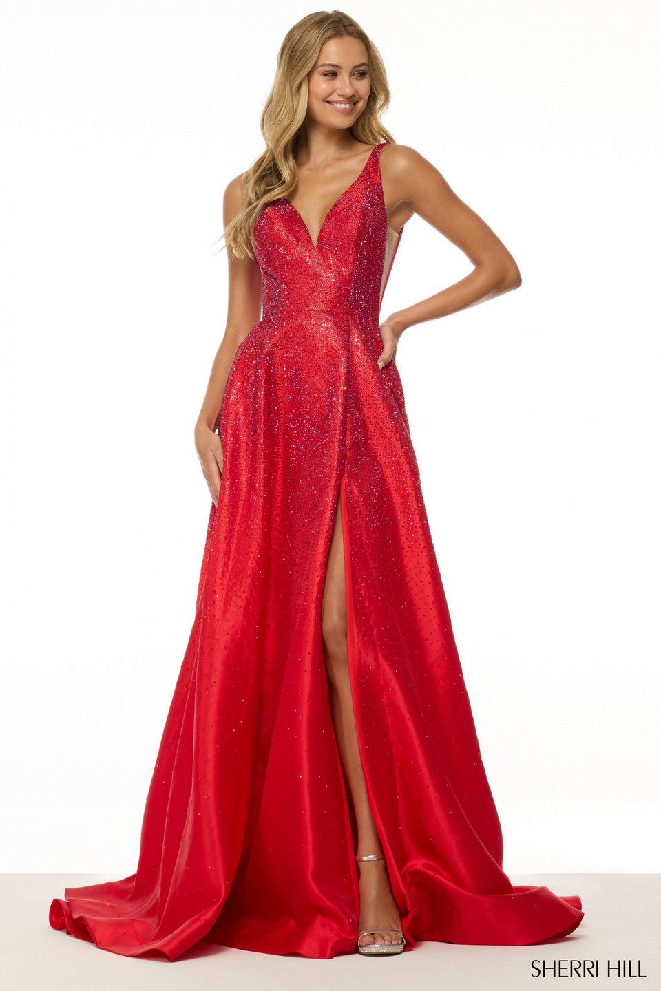 sherri hill A-line hot fix gown with sheer sides and a skirt slit