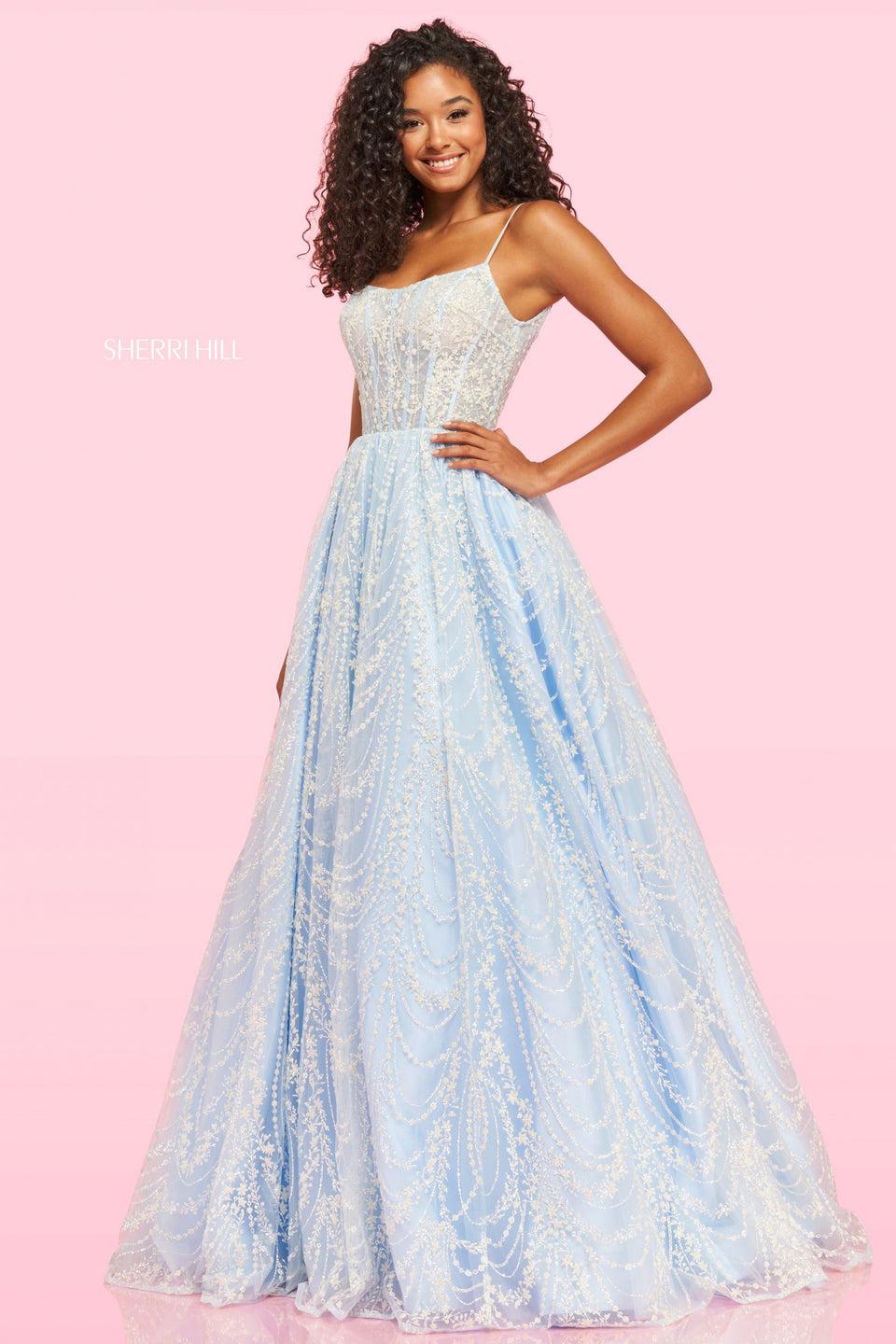 sherri hill A-line lace pattern ball gown with boned bodice crochet style lace up back and thin spaghetti straps