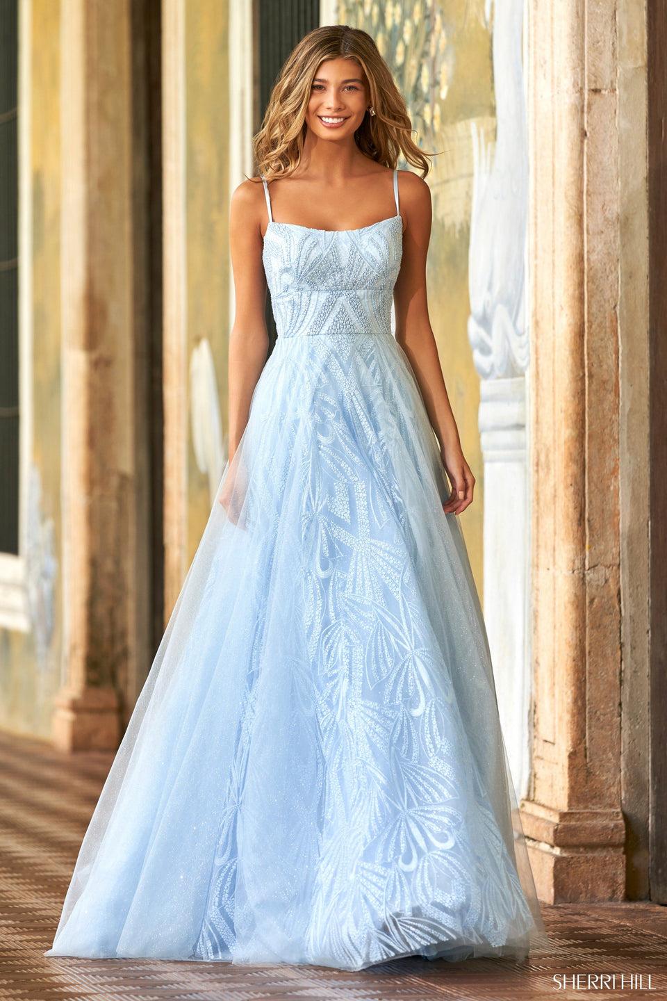 Sherri Hill A-line Lace Pattern Ball Gown With Crochet Style Lace Up Back And Thin Spaghetti Straps