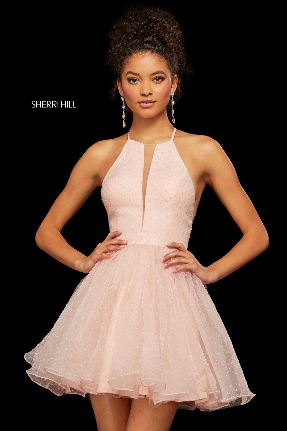 sherri hill A-line point d'esprit cocktail dress with slit halter style high neckline