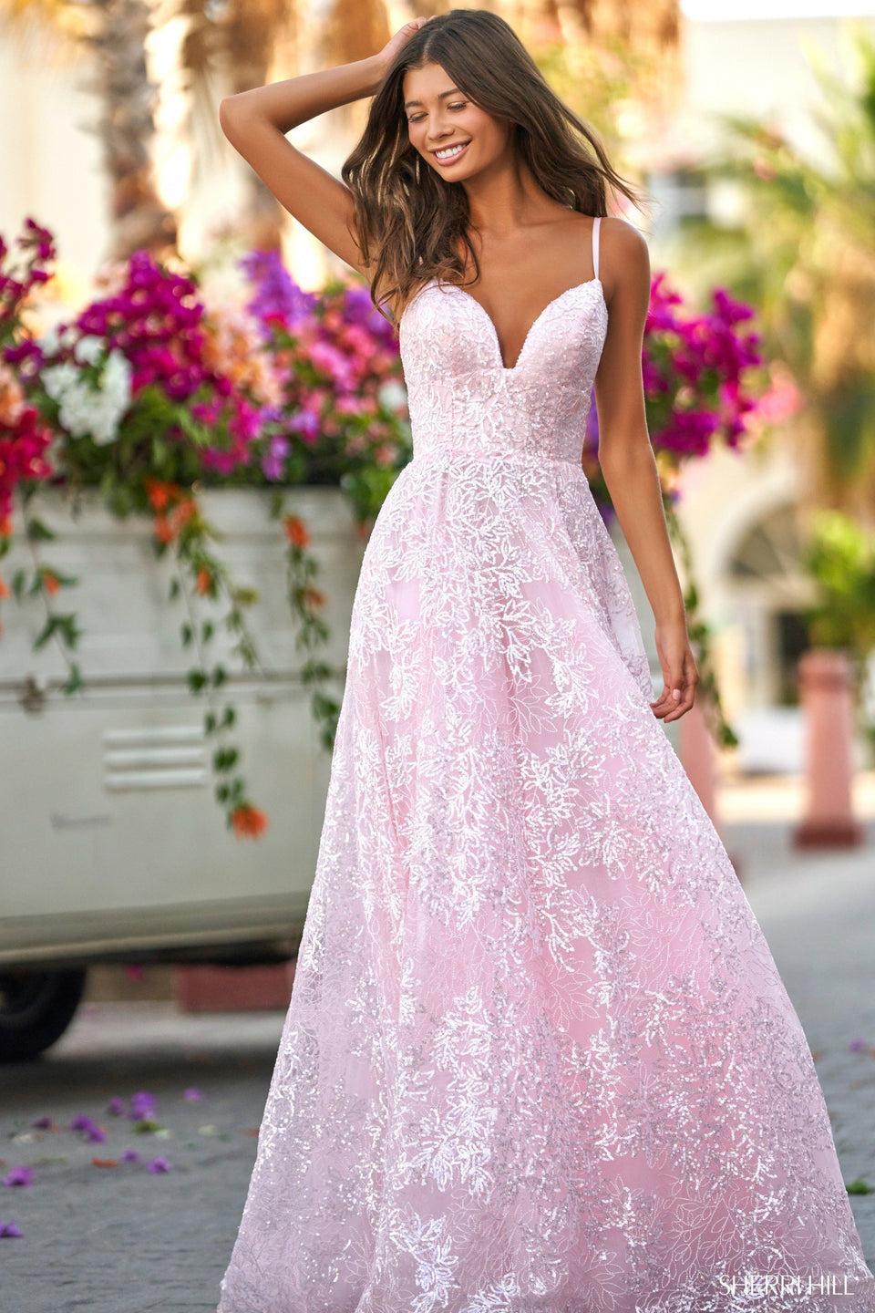 Sherri Hill A-line Sequin Artwork Gown With Deep V-neckline And Lace Up Back