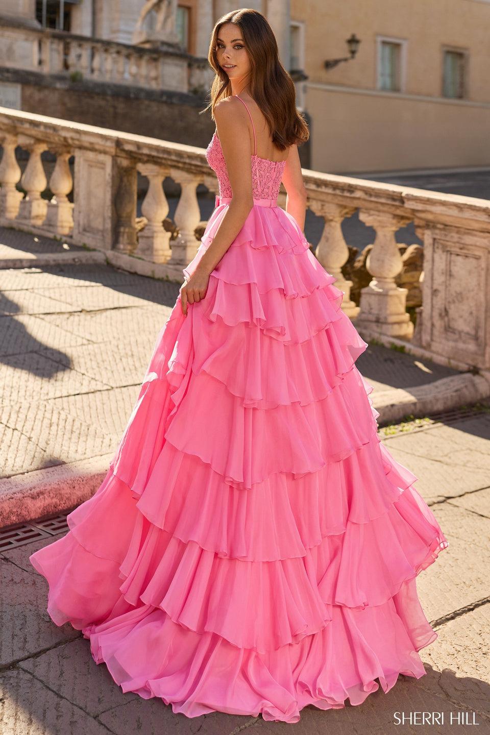 Sherri Hill Ballgown With Leaf Lace Corset Bodice And Chiffon Ruffle Skirt With Slit