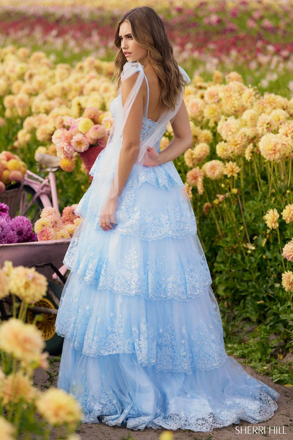 Sherri Hill Ballgown With Sheer Leaf Lace Corset Top Sequin Ruffle Tier Skirt And Slit