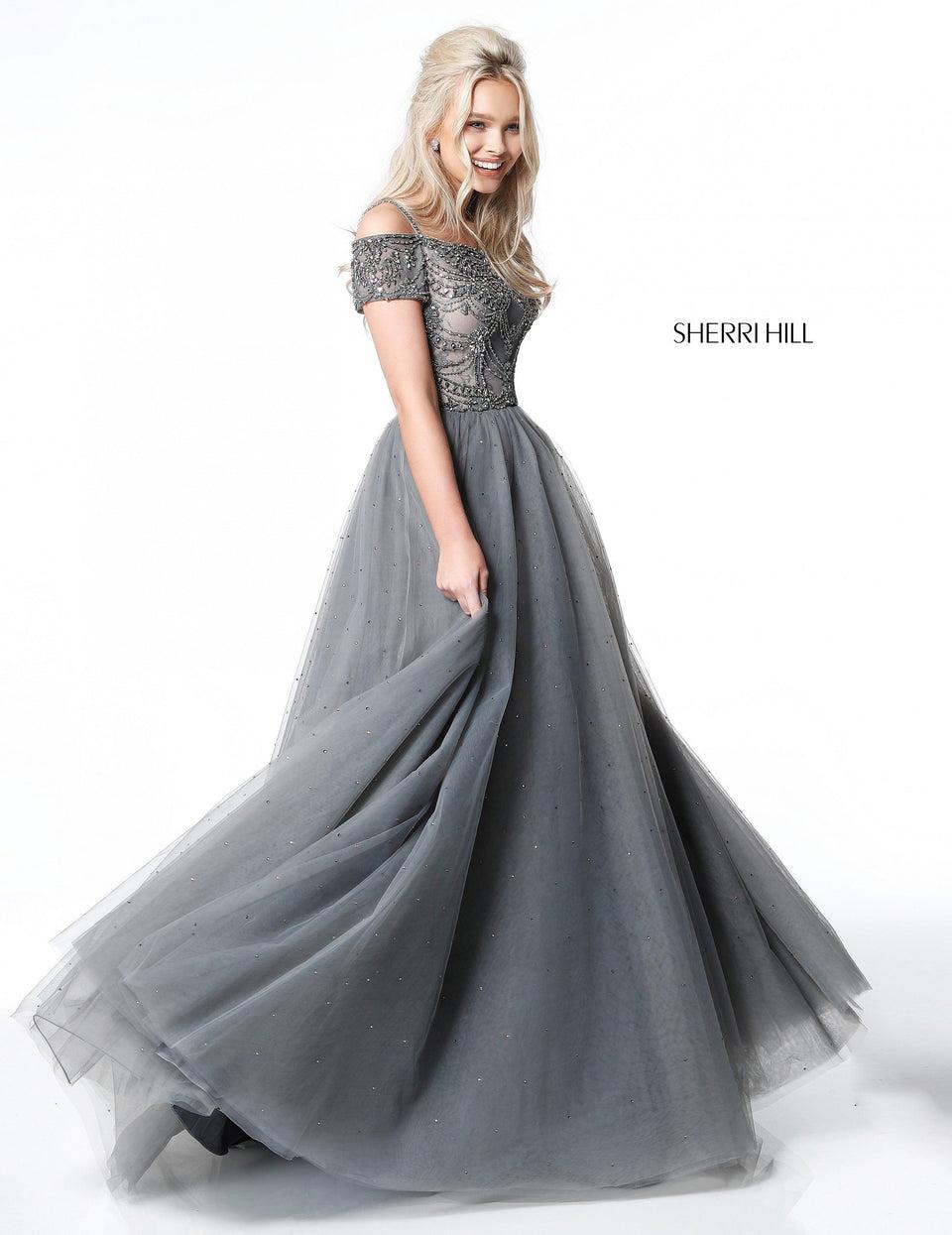 Sherri Hill Bead Appliqued Bodice With Off Shoulder Straps And Tulle Ball Gown Skirt
