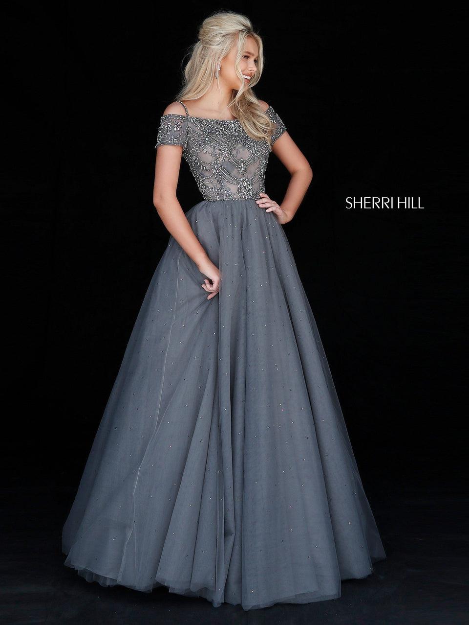 sherri hill Bead appliqued bodice with off shoulder straps and tulle ball gown skirt