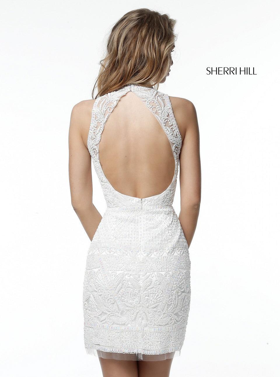 Sherri Hill Bead Appliqued Cocktail With High Neck Halter Bodice And Open Back