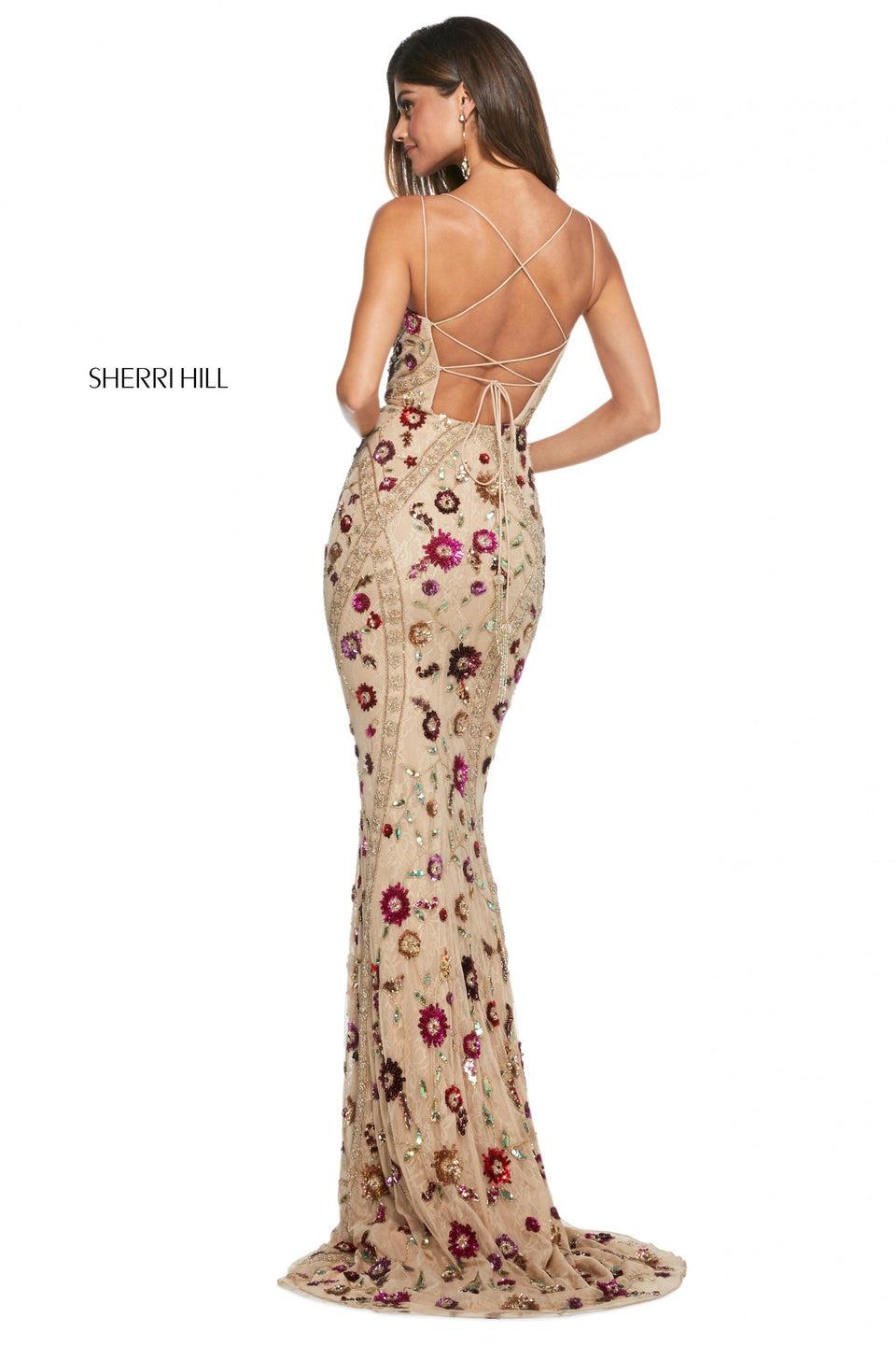 Sherri Hill Beaded And Sequin Floral Print Pattern Column Dress With Straight Neckline And An Open Lace Up Back