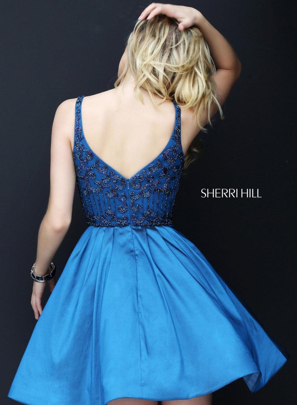 Sherri Hill Beaded Bodice With Deep V Neck And Taffeta Cocktail Skirt