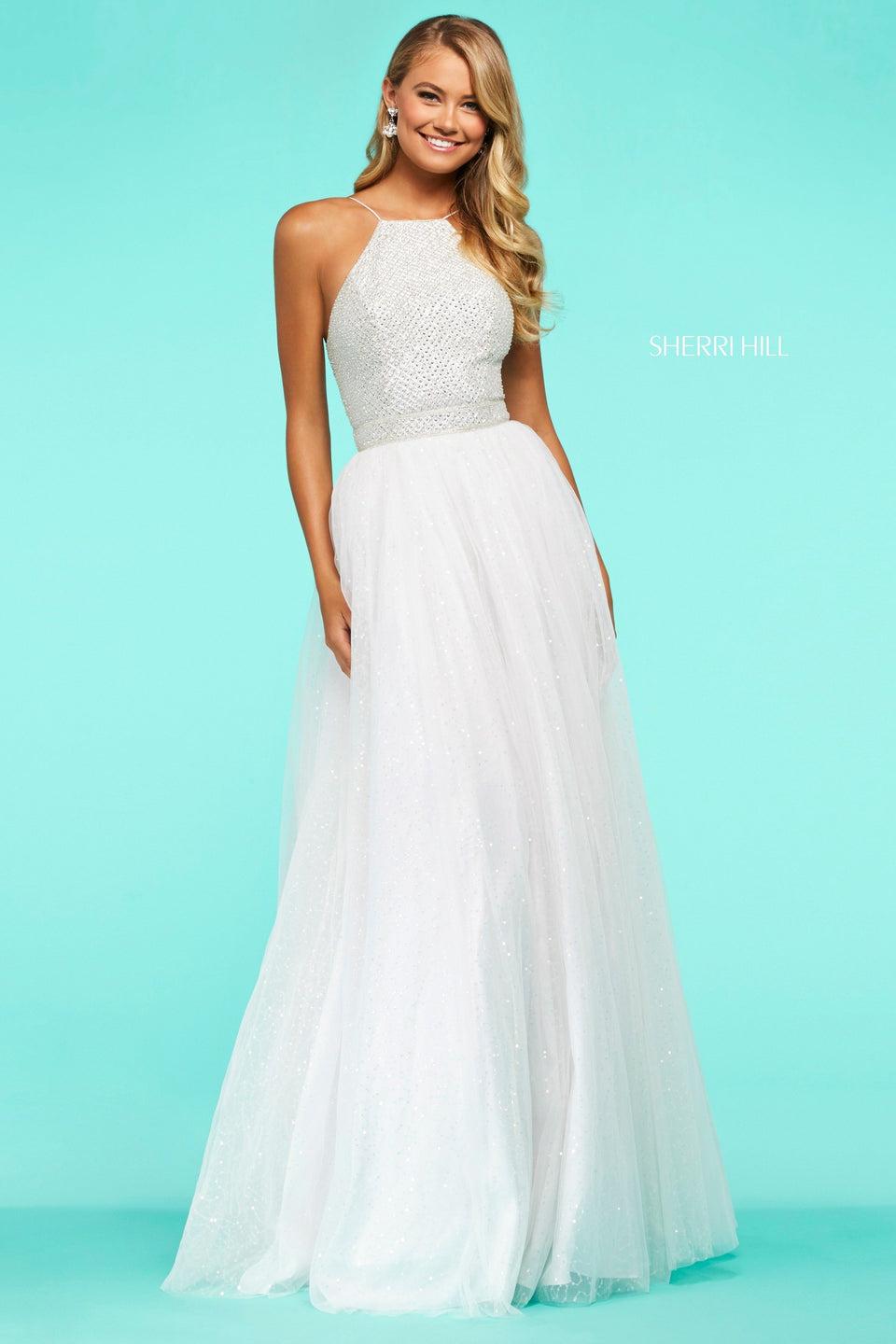 sherri hill Beaded bodice with high neck halter style neckline with lace up back and sequin tulle A-line skirt