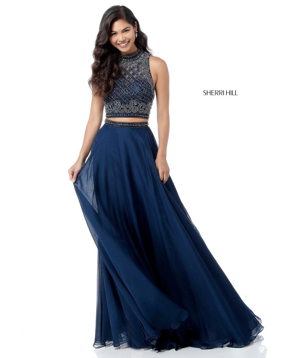 Sherri Hill Beaded Bodice With Keyhole Back And Chiffon Skirt