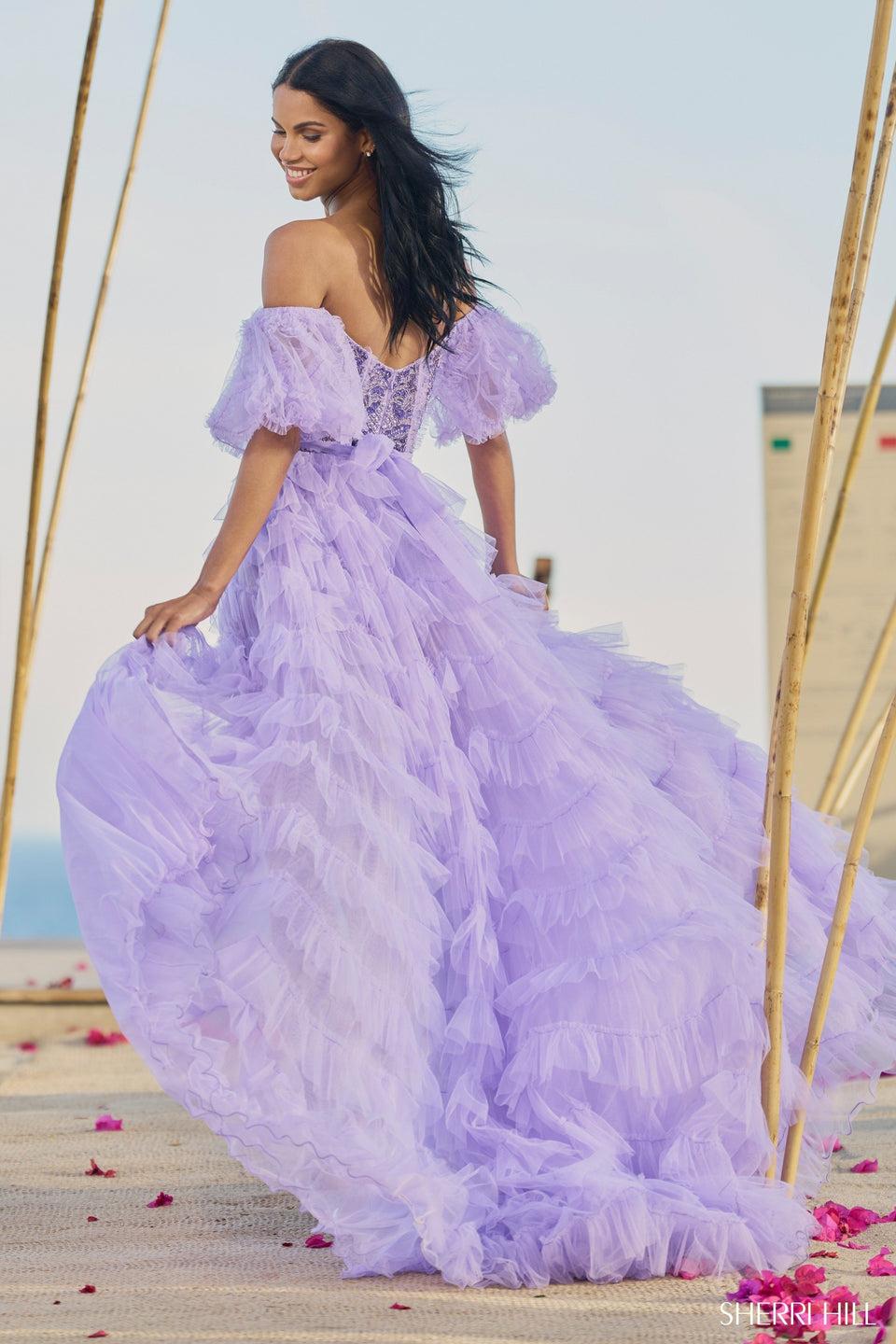 Sherri Hill Beaded Bodysuit With Ruffle Tulle Slit Skirt And Ballon Sleeves