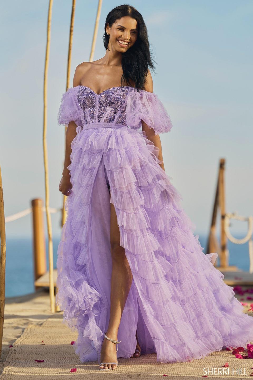 sherri hill Beaded bodysuit with ruffle tulle slit skirt and ballon sleeves