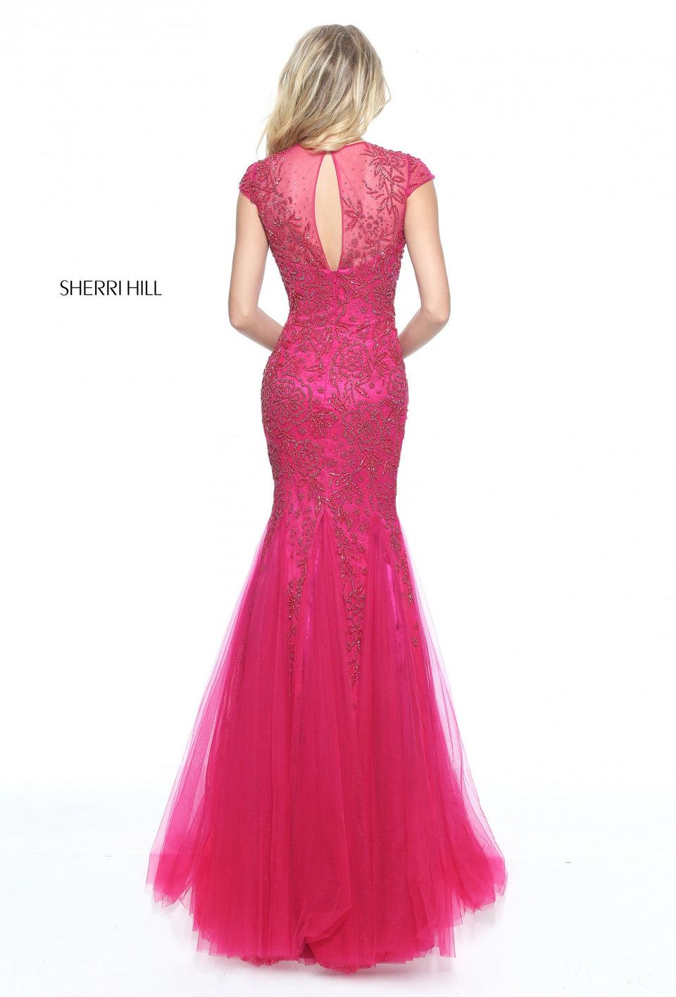Sherri Hill Beaded Cap Sleeve Mermaid Dress With Tulle Inserts