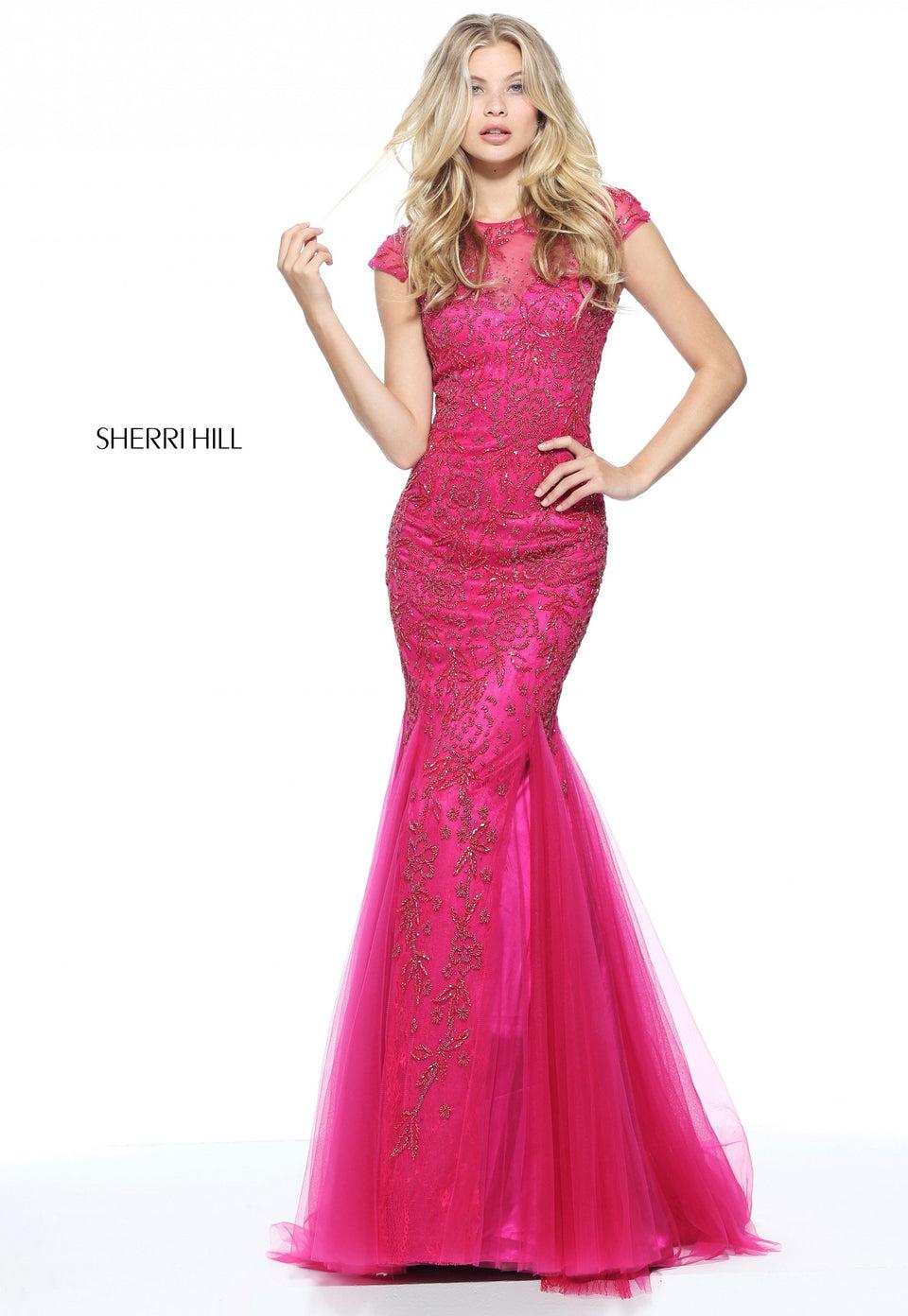 sherri hill Beaded cap sleeve mermaid dress with tulle inserts