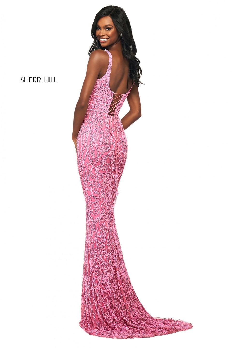 Sherri Hill Beaded Column Dress With Straight Neckline And Corset Style Lace Up Back