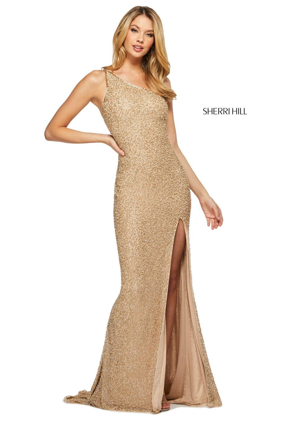 Sherri Hill Beaded Column Gown With One Shoulder Neckline And Skirt Slit