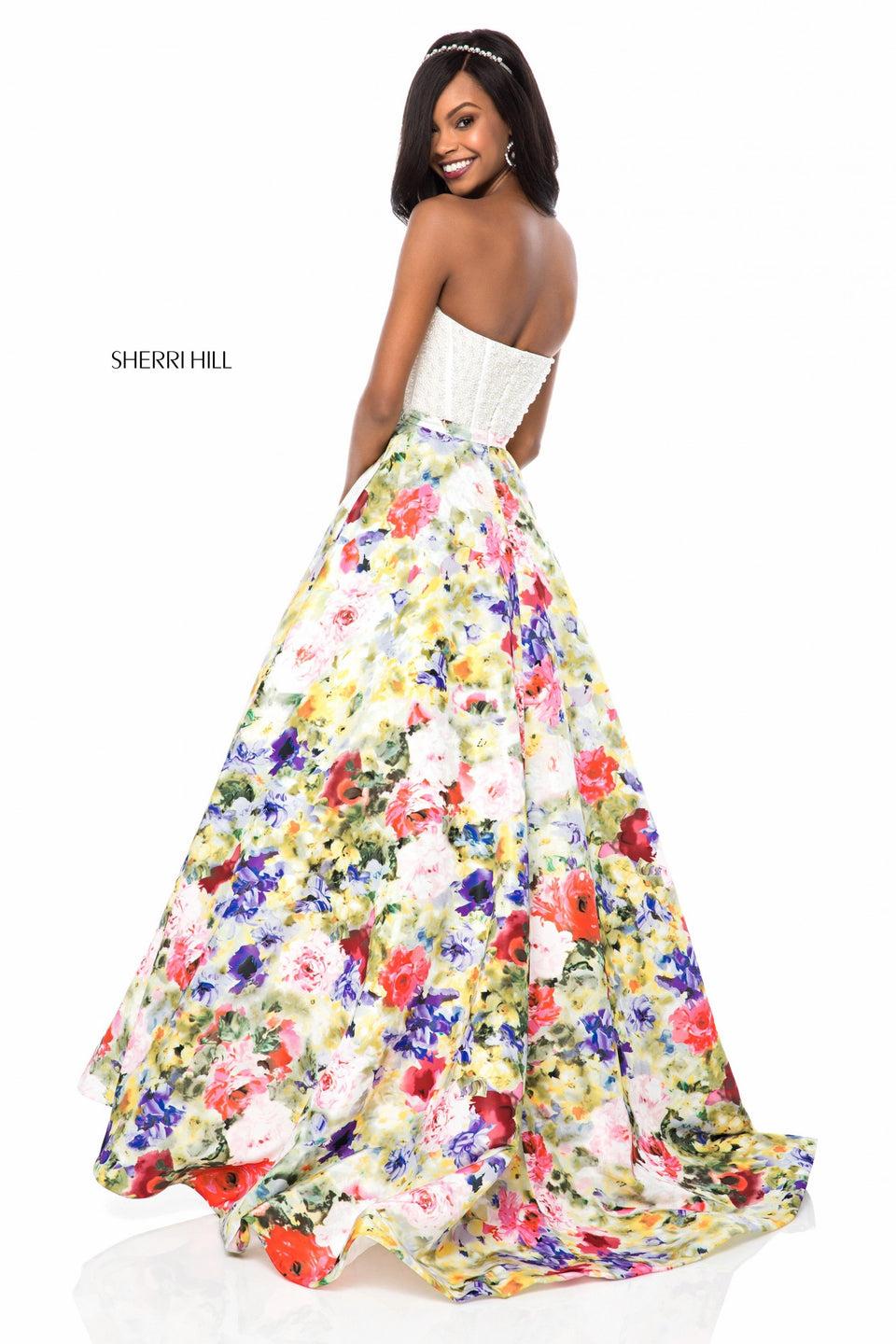 Sherri Hill Beaded Corset Bodice With Floral Print Ball Gown Skirt