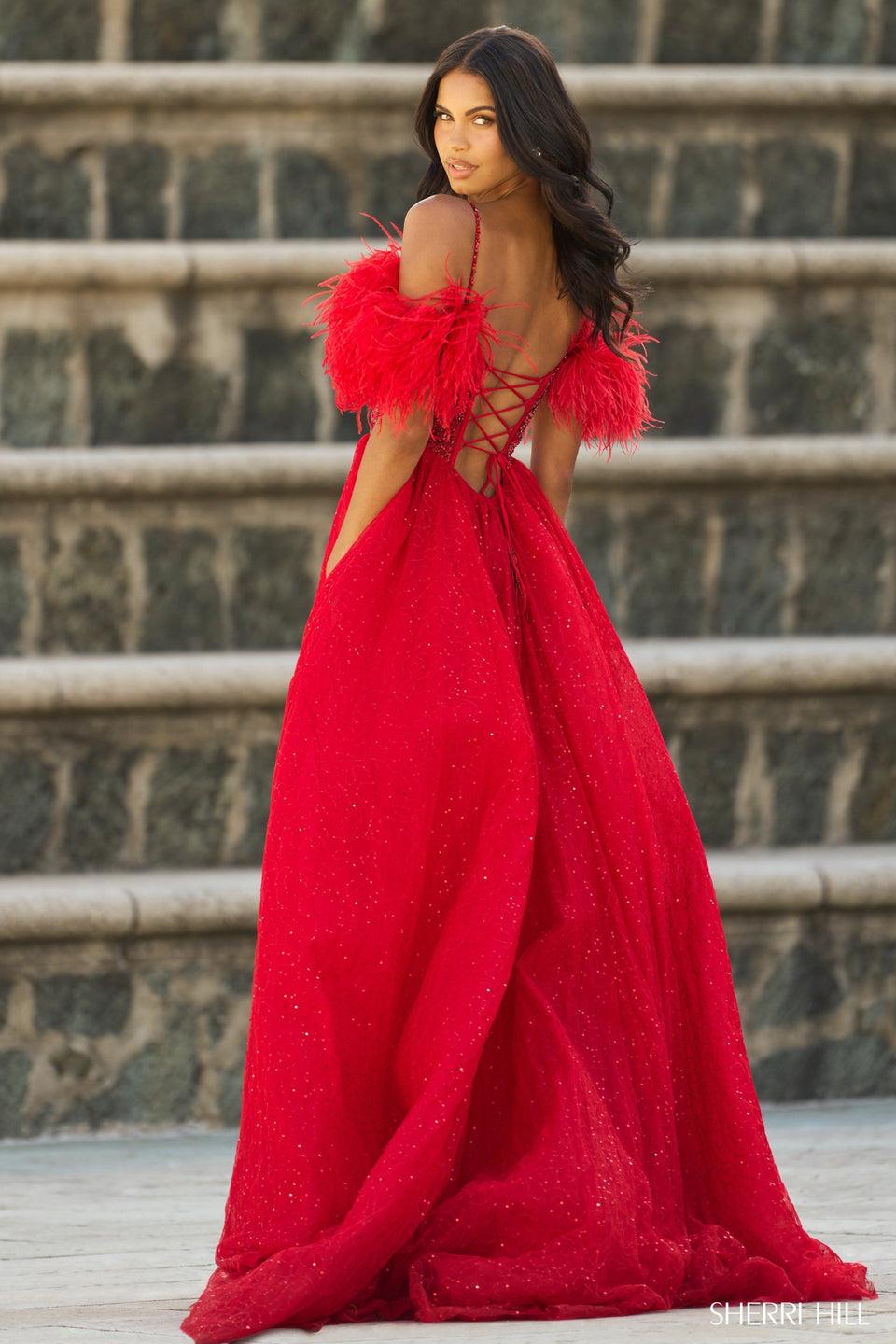 Sherri Hill Beaded Corset Bodysuit With Off The Shoulder Feathers Lace Up Back Sequin Tulle Skirt With High Slit