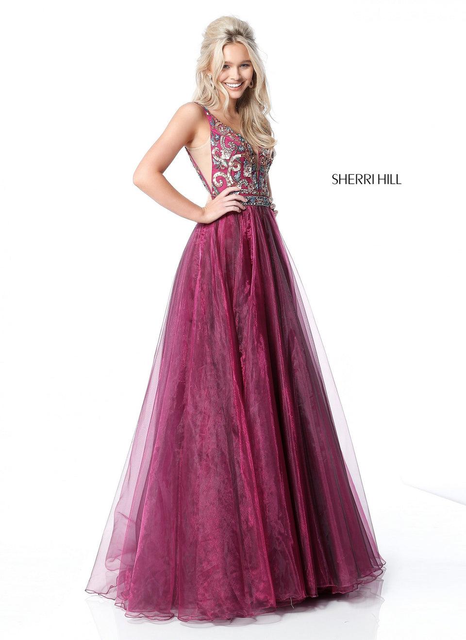 Sherri Hill Beaded Deep V Bodice With Organza A-line Skirt
