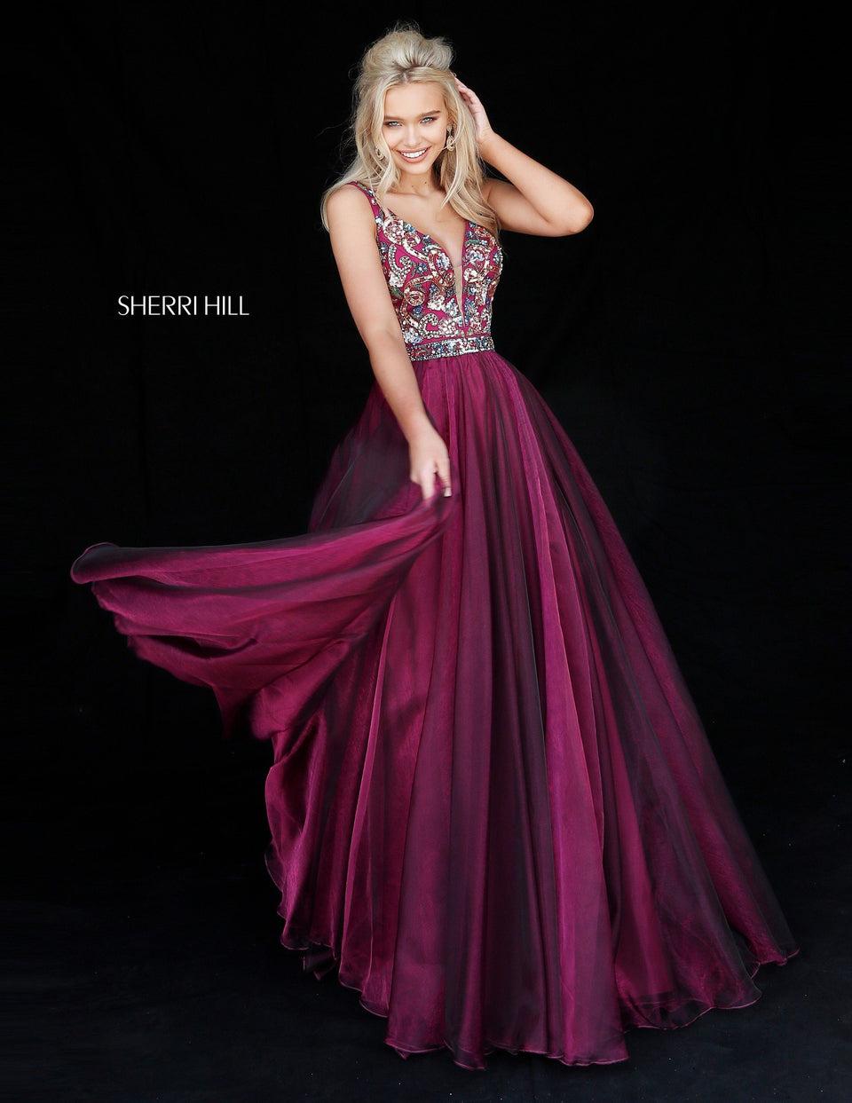 sherri hill Beaded deep V bodice with organza A-line skirt