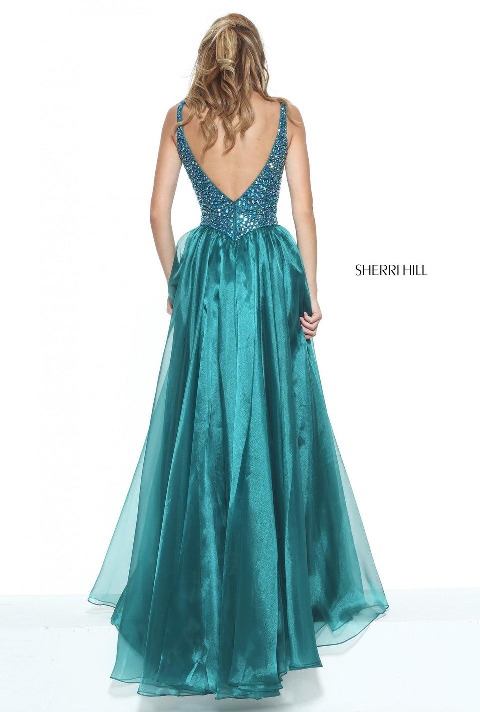 Sherri Hill Beaded Deep-V Bodice With Pointed Waistline And Organza A-line Skirt
