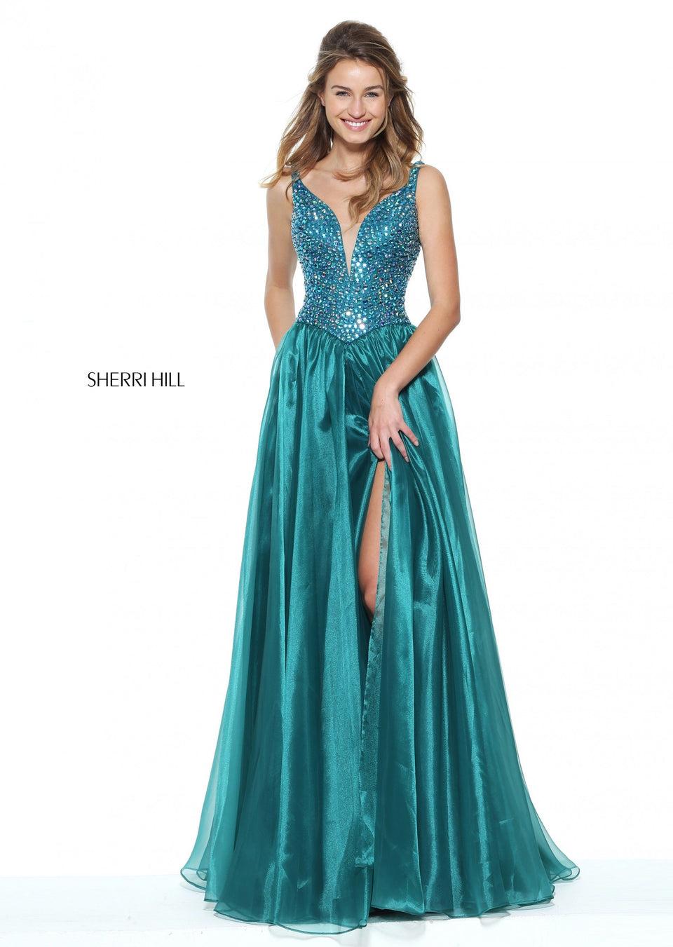 sherri hill Beaded deep-V bodice with pointed waistline and organza A-line skirt