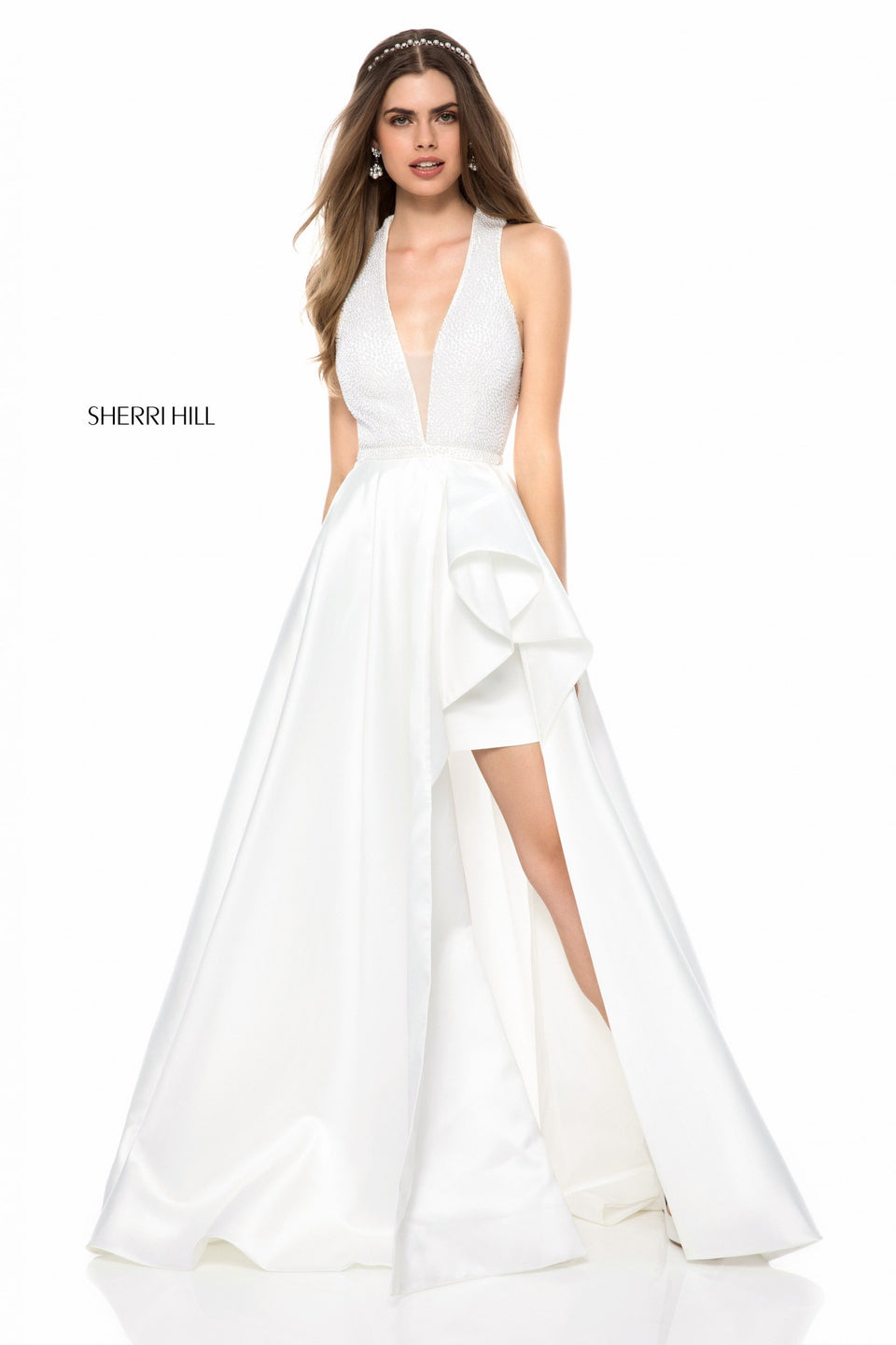 sherri hill Beaded deep V bodice with satin ruffle slit skirt