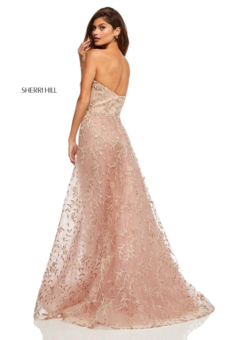 Sherri Hill Beaded Embroidered Strapless Sheath Dress With Organza Overskirt Train