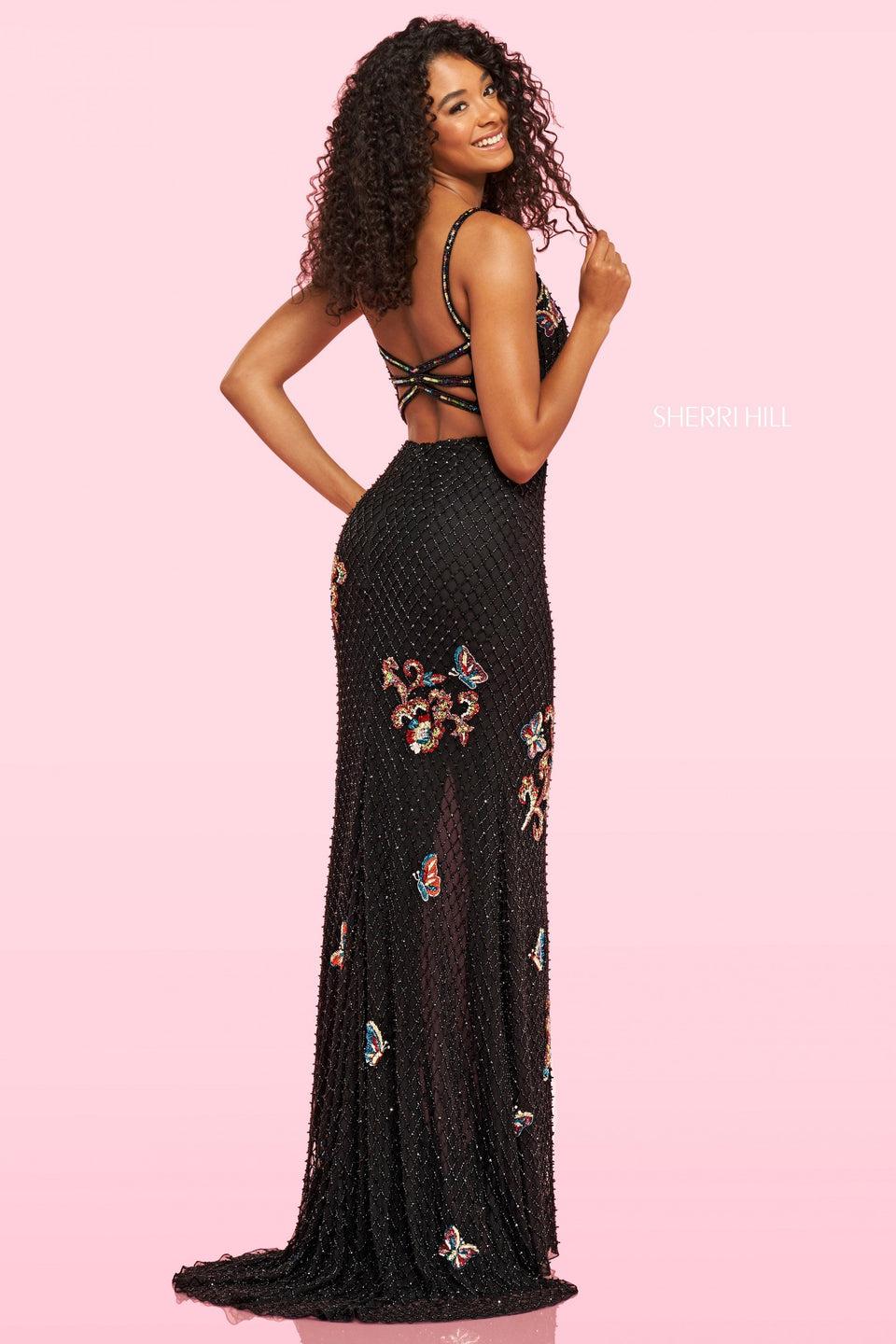 sherri hill Beaded fitted dress with skirt slit straight neckline and open back