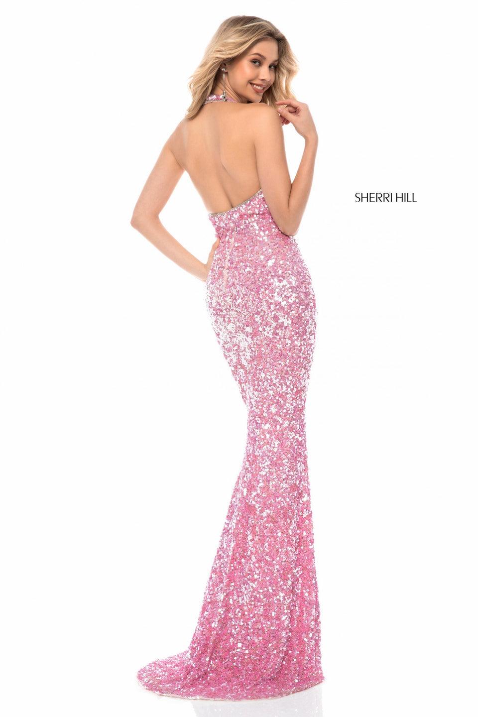Sherri Hill Beaded Fitted Gown With Deep V Halter Bodice And Slit Skirt