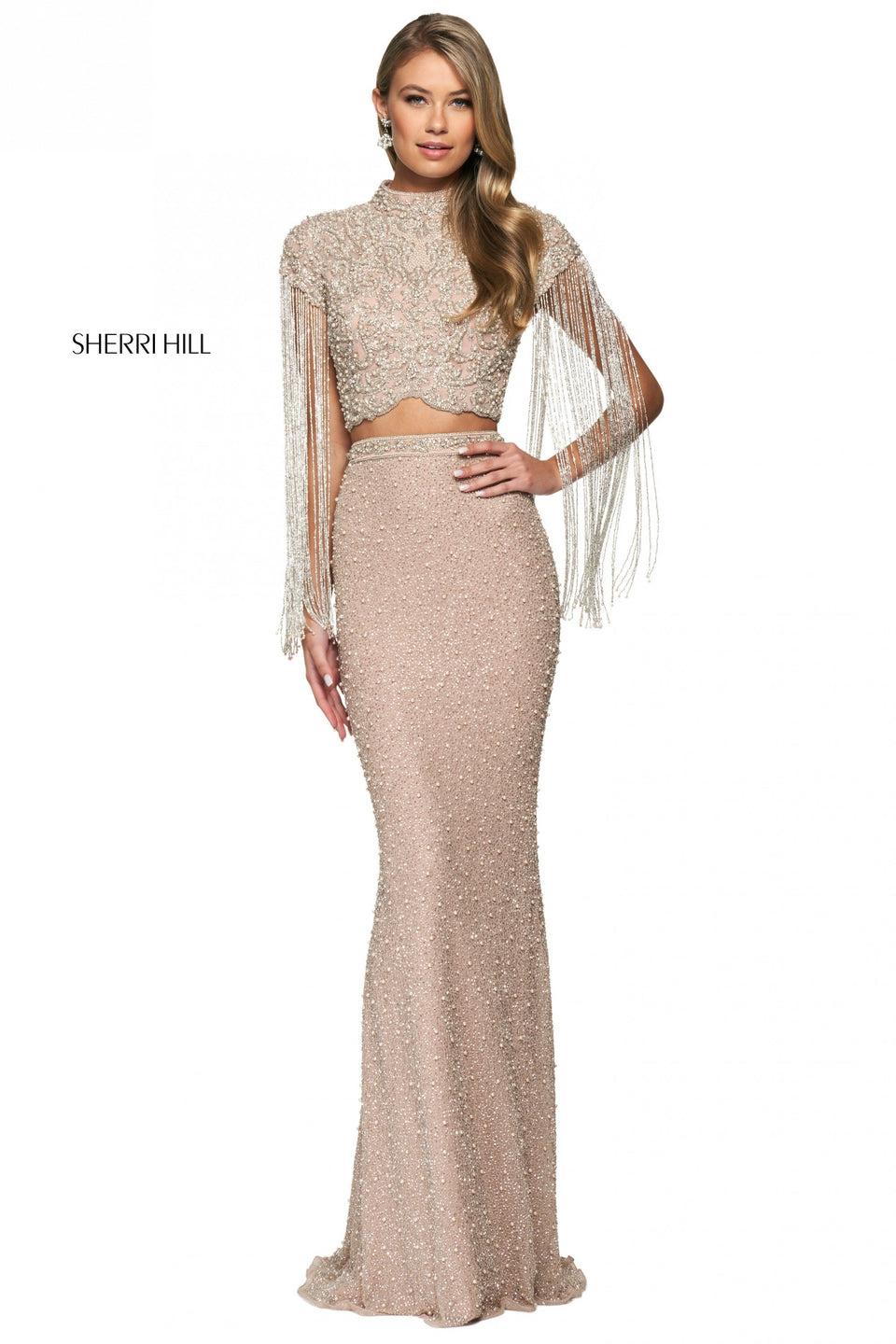 sherri hill Beaded fitted two piece gown with a high neckline bodice with cap sleeves with long beaded fringe sherri hill Beaded fitted two piece gown with a high neckline bodice with cap sleeves with long beaded fringe